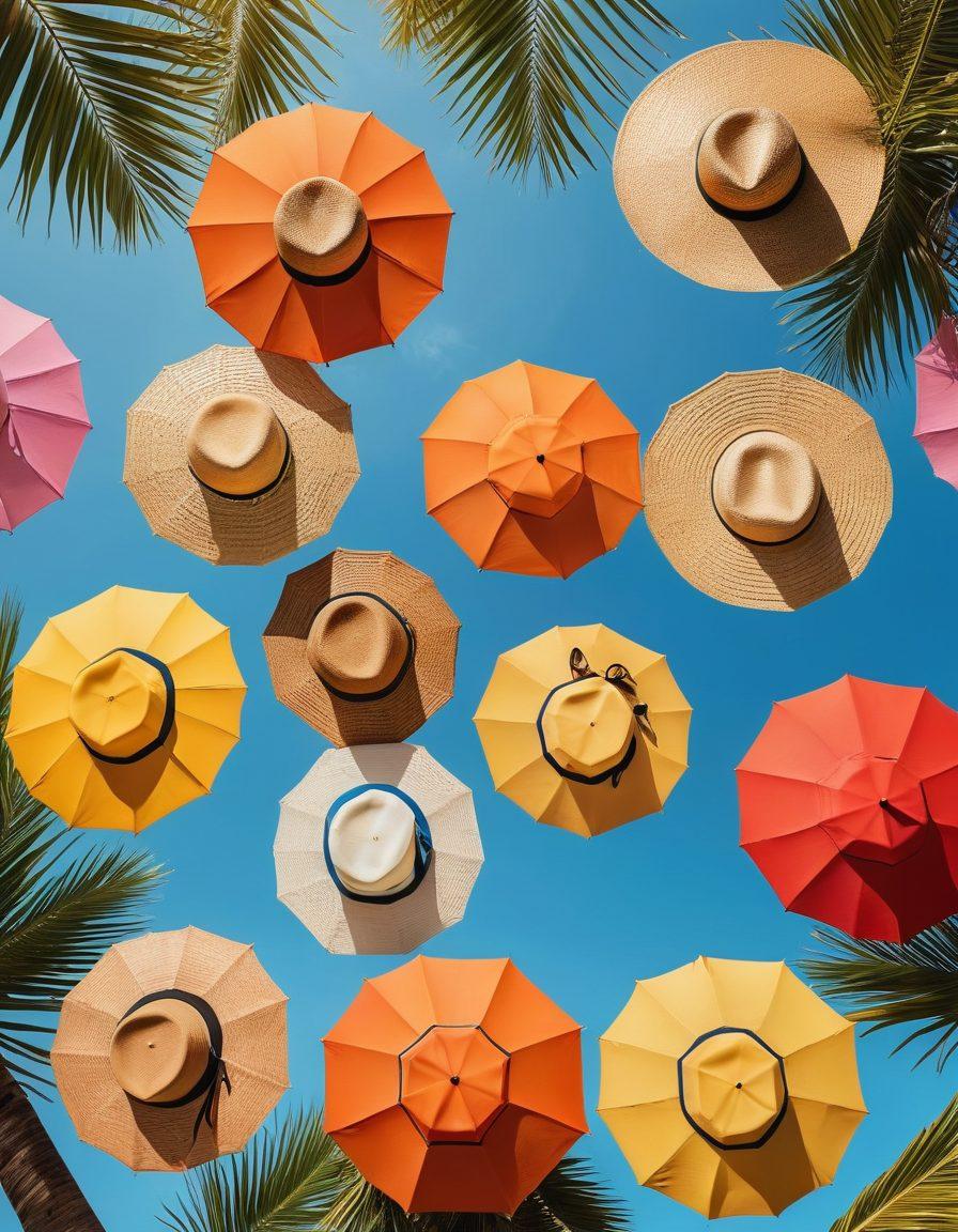 A vibrant beach scene featuring a diverse group of stylish individuals showcasing various types of summer swimwear accessorized with trendy hats, sunglasses, and beach bags. Incorporate playful beach elements like colorful umbrellas, surfboards, and palm trees in the background, conveying a lively summer atmosphere. The scene should evoke a sense of joy and relaxation, highlighting the fashion accessories that elevate the beach look. bright colors. super-realistic. sunny ambiance.